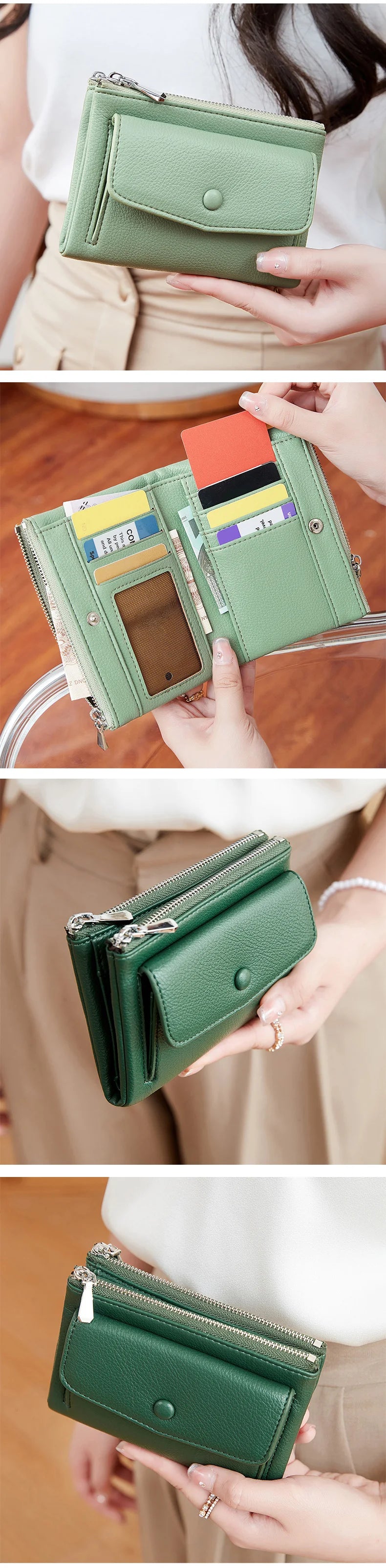 Women’s PU Leather Short Double Zipper Wallet – Simple Solid Color, Large Capacity Credit Card Holder with Coin Pocket