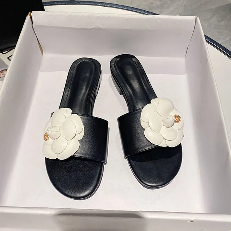 Luxury Women’s Flower Slippers — Camellia Open-Toe Slides for Home & Outdoor, Ladies Flip Flop Sandals