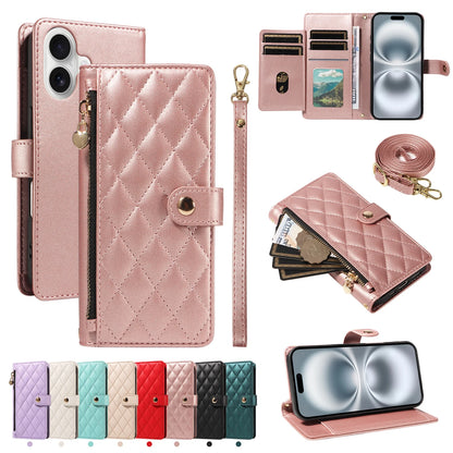 Crossbody Leather Wallet Case for iPhone – Zipper Card Slot Bag with Rhombus Design for iPhone 16/16 Pro Max/15/14/13/12/11/SE 2022