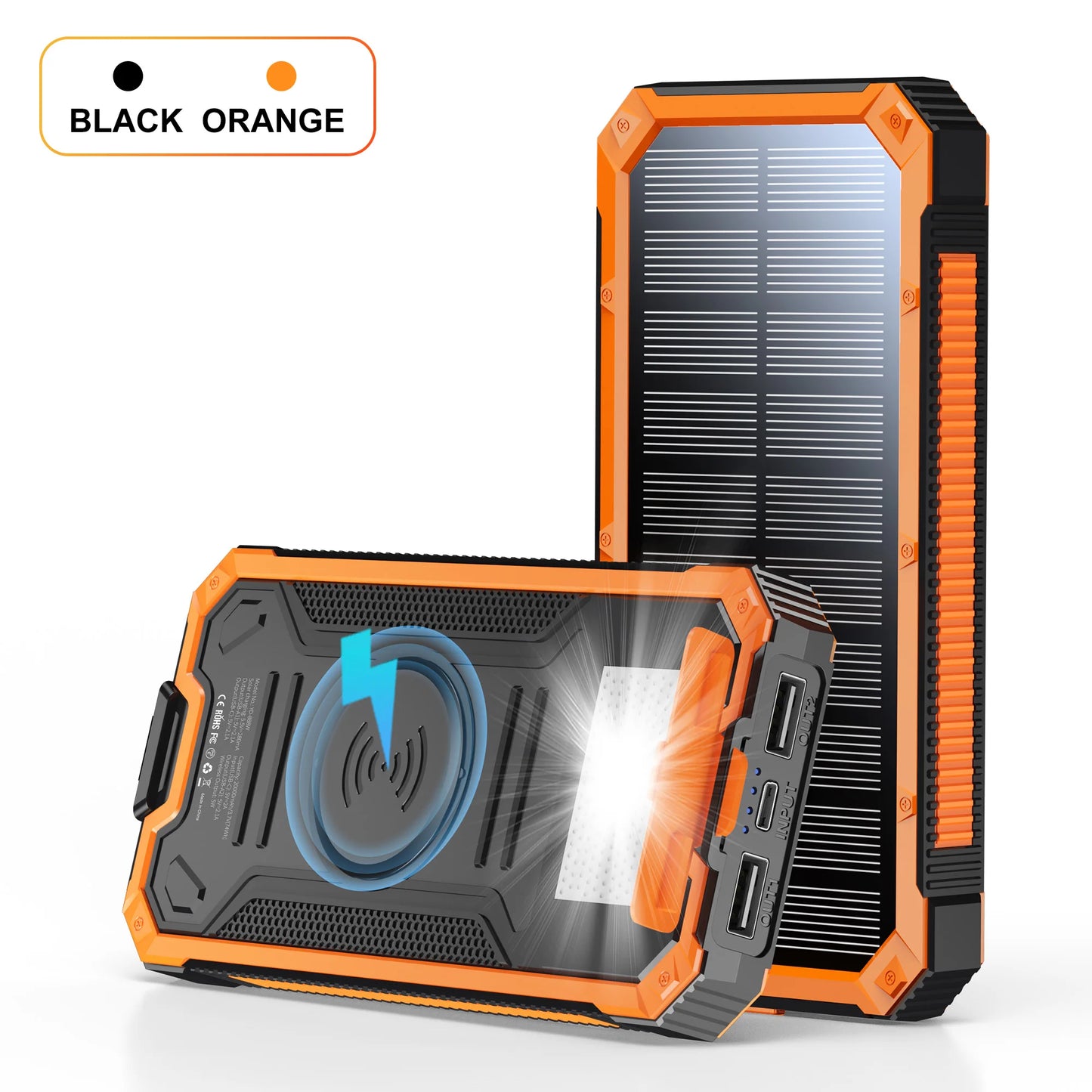 20,000mAh Solar Power Bank - Portable Wireless Charger with USB-C Input/Output & Camping Flashlight