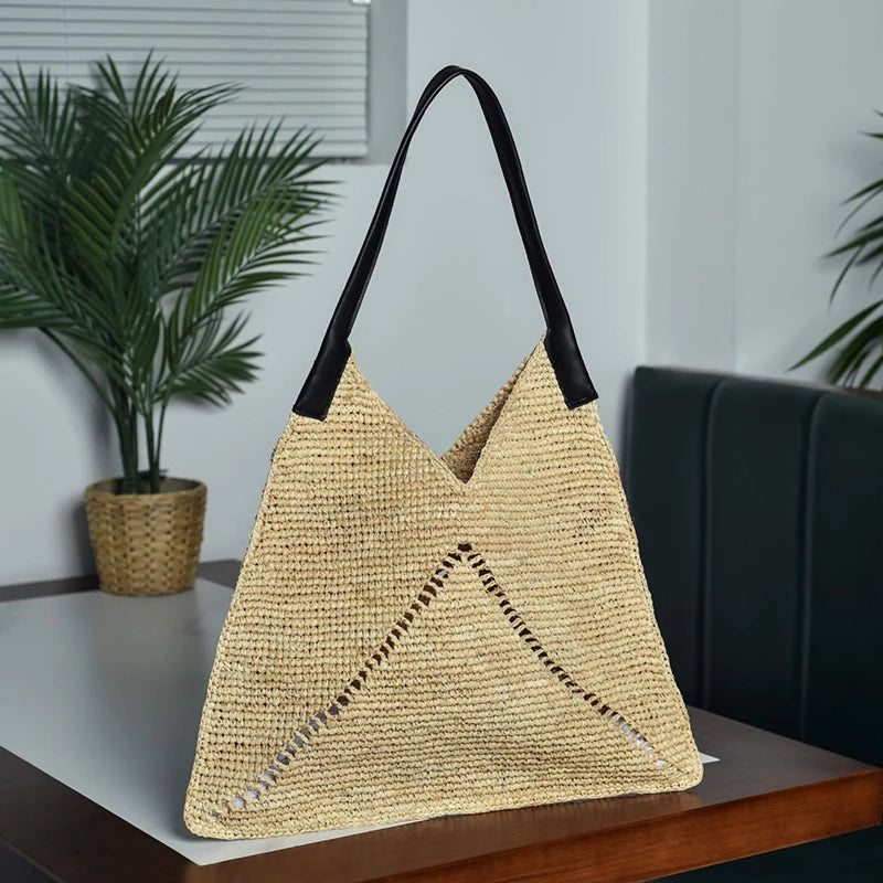 2025 Fashion Straw Tote Bag - Triangle Woven Shoulder Handbag for Beach & Casual Summer Style