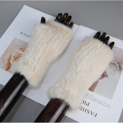 Women’s Winter Mink Fur Gloves – 100% Natural Fingerless Knitted Mittens for Warmth