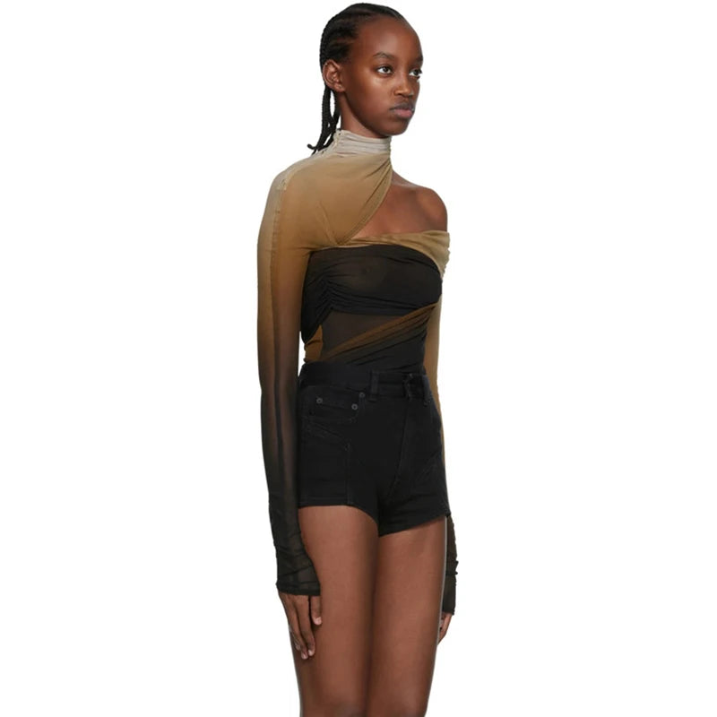 Sexy Off-Shoulder Mesh Jumpsuit Top – Slant Breasted, Hollowed-Out, Gradient See-Through Base Shirt