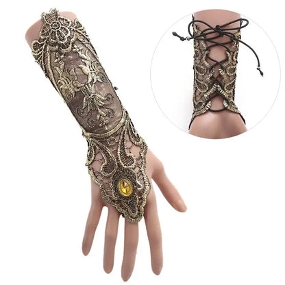 Gothic Steampunk Lace Cuffs - Black Fingerless Arm Warmers and Bracelet Accessories for Halloween and Fashion