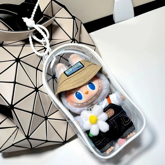 Colorful Transparent Protector Case for 17cm Labubu Plush Dolls – Organizer Display Bag with Keychain