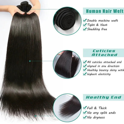 Bone Straight 100% Human Hair Bundles – 30" 40" 50" Brazilian Virgin Hair Extensions, Double Weft, Natural Black