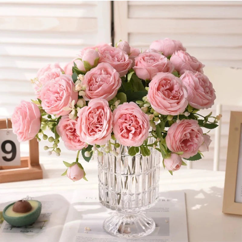 30cm Rose Pink Peony Silk Bouquet Artificial Flower, 5 Big Heads & 4 Small Buds for Wedding & Home Decor