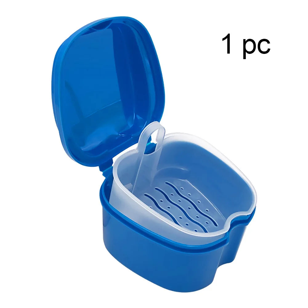 Denture Cleaning & Storage Box - False Teeth Organizer with Hanging Net for Dental Appliance Soaking and Care