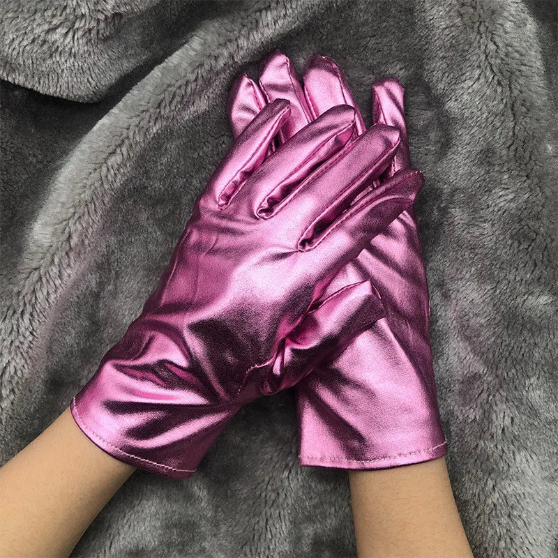 Gold Silver Metallic Faux Leather Short Gloves – Sexy Wet Look Party, Evening & Performance Mittens Handwear