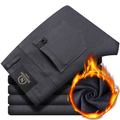 Winter 2025 Men’s Fleece Pants – Thick Slim Fit Velvet Trousers, Warm Elastic Business Casual Plush Pants