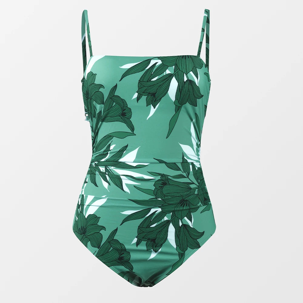 CUPSHE Leaf Print Square Neck One-Piece Swimsuit for Women – Sexy Backless Shirred Monokini Swimwear 2023 Beach Bathing Suit