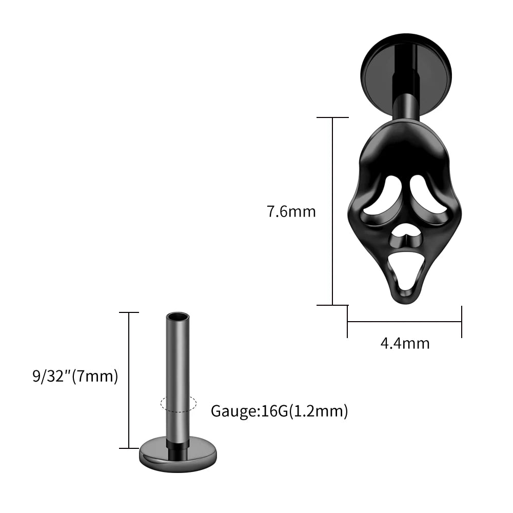Right Grand ASTM F136 Titanium 16G Ghost Face Flat Back Earring – Halloween CZ Cartilage Stud for Helix, Labret & Nose Piercing Jewelry