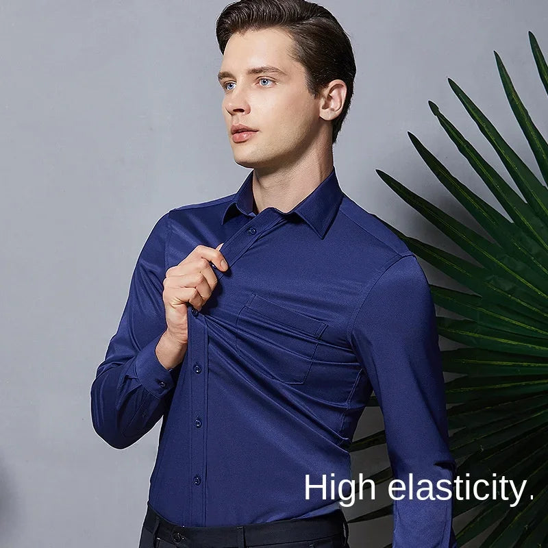 Men's Long-Sleeved Elastic Dress Shirt - Non-Iron Business Attire with Stand-Up Collar - Professional Work Shirt