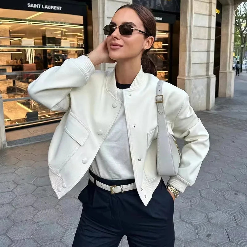 TRAF Women's White Bomber Jacket - Autumn Winter Cropped Aviator Coat with Button Closure, Long Sleeve Baseball Outerwear
