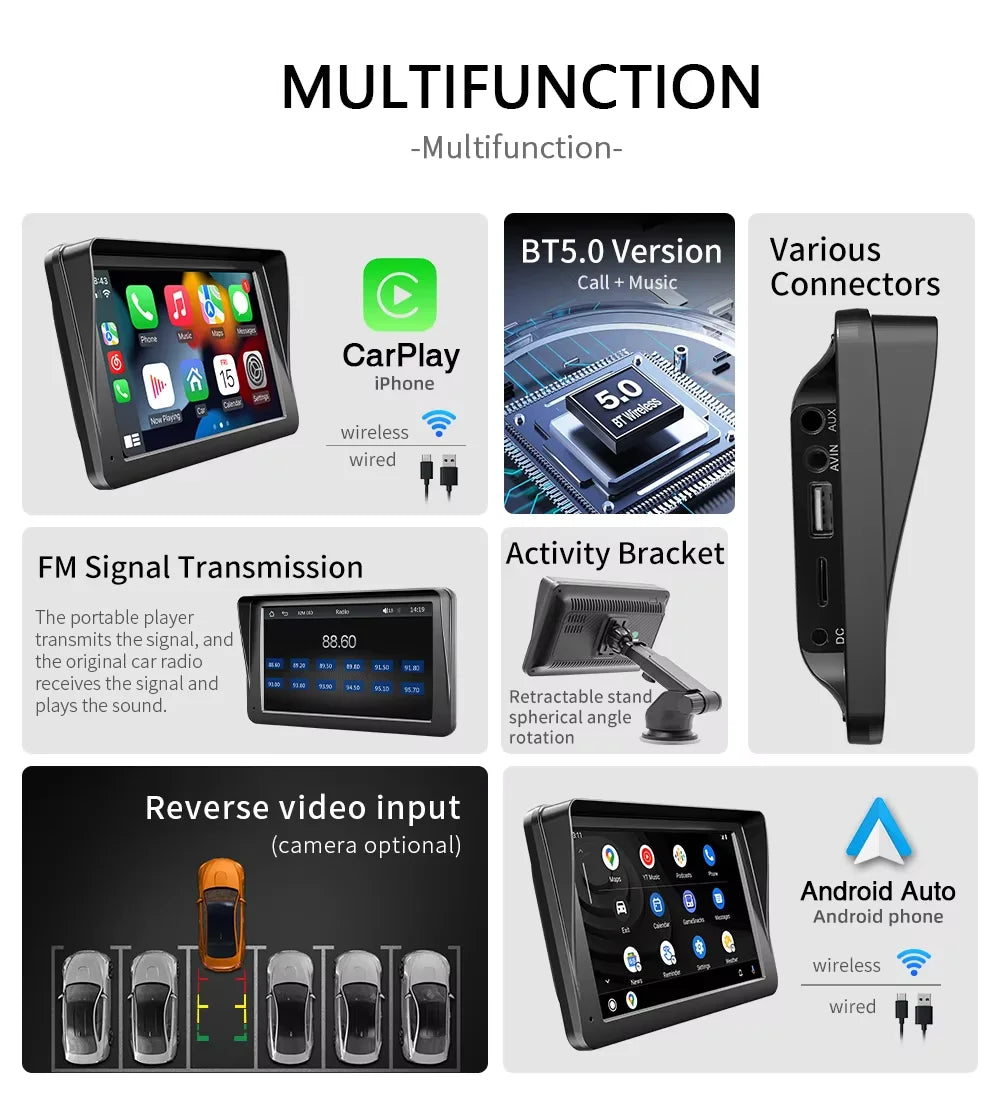 BQCC 7-Inch Car Multimedia Player - Wireless CarPlay & Android Auto Touchscreen with Sun Visor