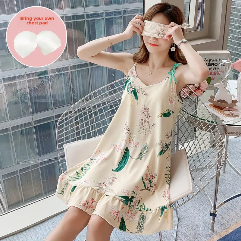 Women’s Cartoon Animal Pajama Set - Cute Loose Sling Nightgown with Bra Pad & Free Eye Mask for Sleepwear