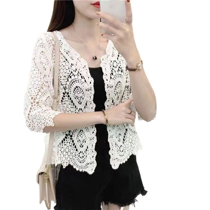 Women's Knit Lace Shrug – Hollow Crochet Floral 3/4 Sleeve Open Front Crop Cardigan F3MD