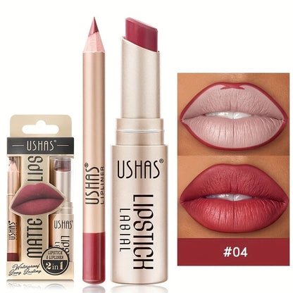 USHAS 12-Color Matte Lipstick & Lip Liner Set – Long-Lasting, Waterproof, Non-Stick Easy Coloring Lip Makeup Kit