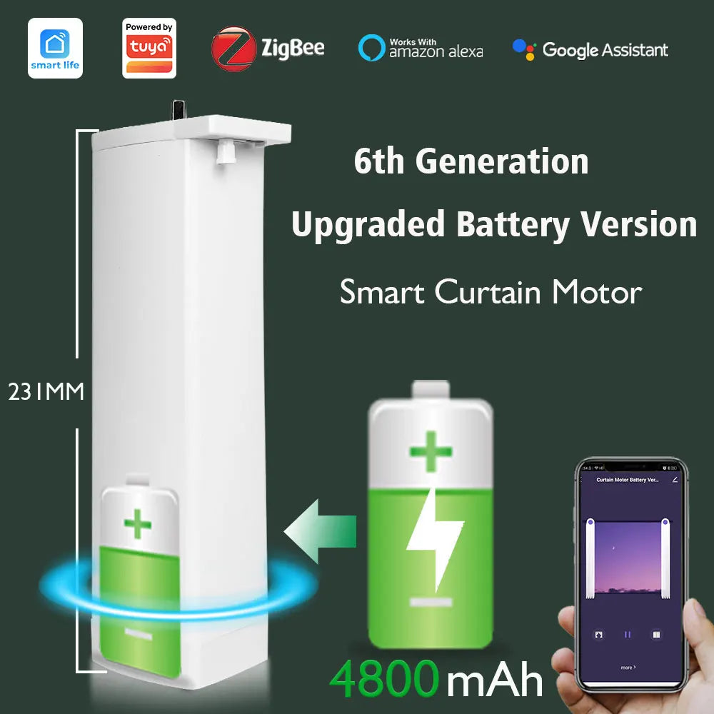 Tuya ZigBee Battery-Powered Electric Curtain Motor – Wireless, Automatic, SmartLife App Remote, Works with Google Home