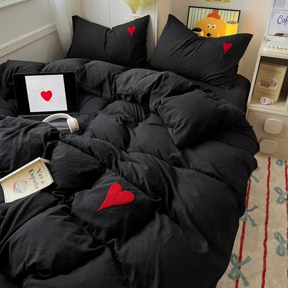 Washed Cotton Bedding Set - Soft Cool Duvet Cover, Bed Sheet & Heart-Shaped Towel Set