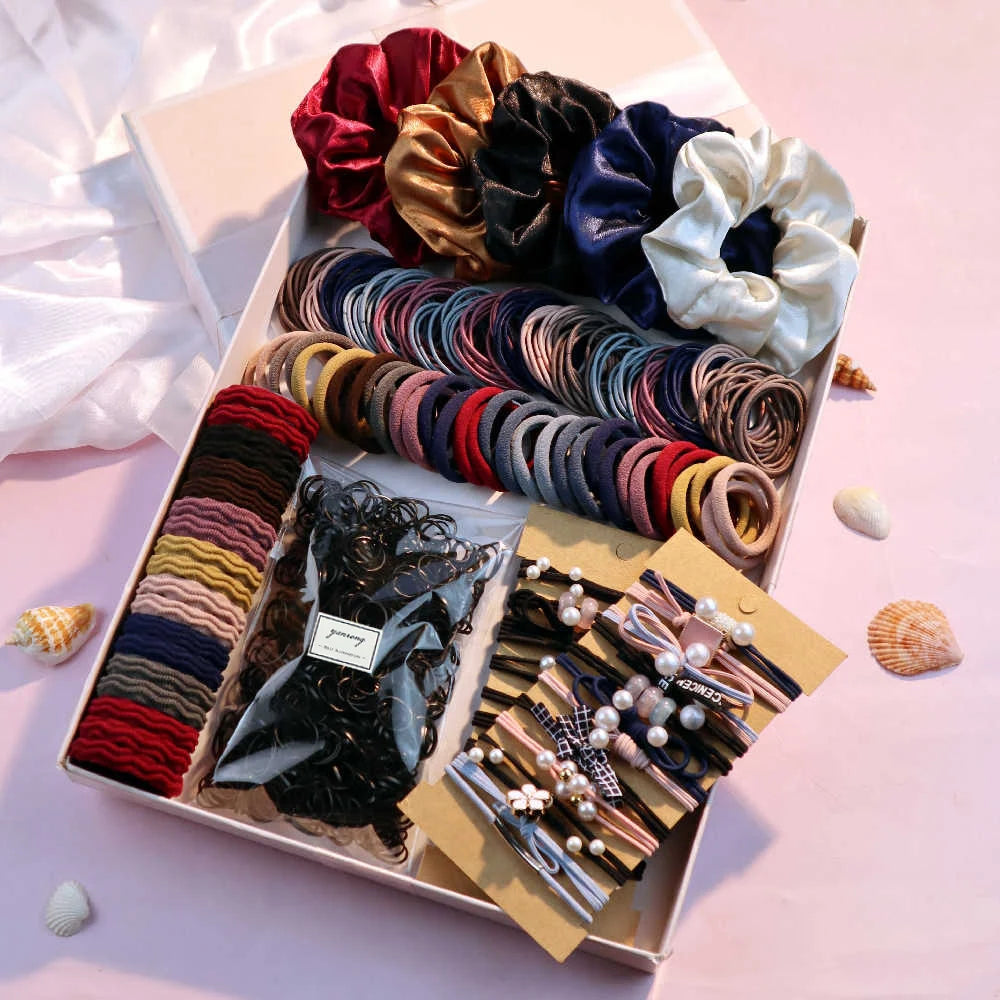 1085PCS Dark Hair Accessories Set - Seamless Ponytail Holders, Scrunchies, Hairbands & Ties for Women