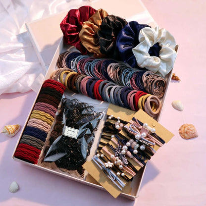 1085PCS Dark Hair Accessories Set - Seamless Ponytail Holders, Scrunchies, Hairbands & Ties for Women