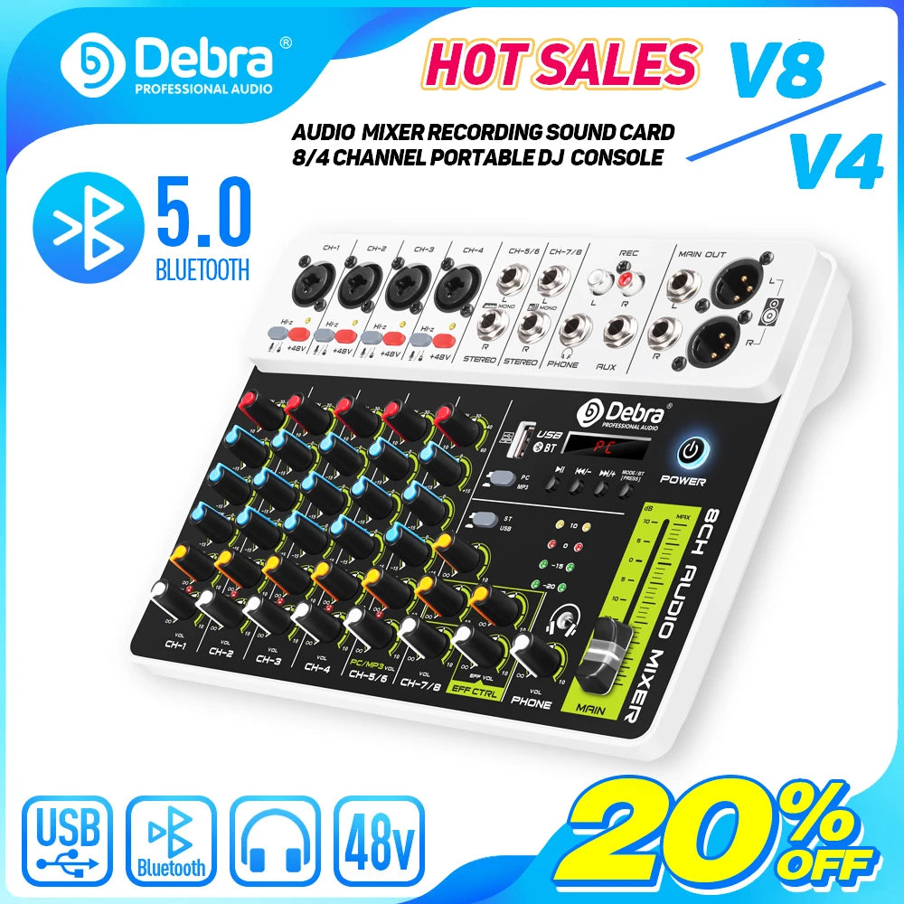 Debra V8 8-Channel Audio Mixer – Bluetooth & USB Mixer with 48V Phantom Power, Delay/Repeat Effects for PC Recording & Sound Console