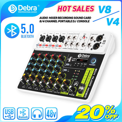 Debra V8 8-Channel Audio Mixer – Bluetooth & USB Mixer with 48V Phantom Power, Delay/Repeat Effects for PC Recording & Sound Console