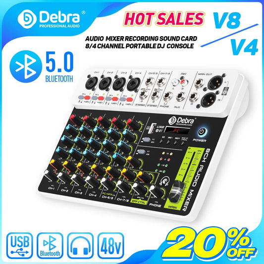Debra V8 8-Channel Audio Mixer – Bluetooth & USB Mixer with 48V Phantom Power, Delay/Repeat Effects for PC Recording & Sound Console