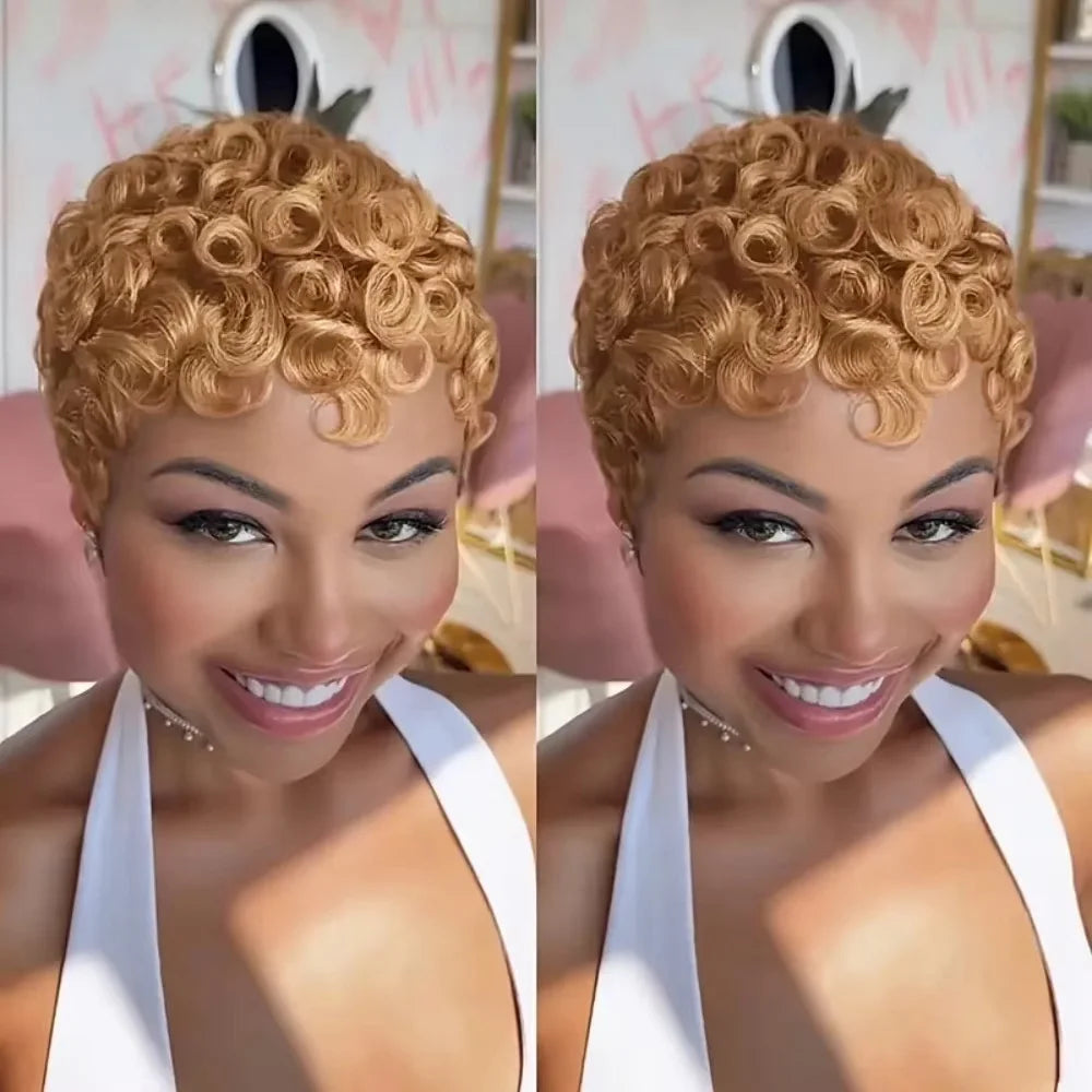 Brazilian Remy Human Hair Wig - Short Curly Pixie Cut Full Machine-Made Wig for Women