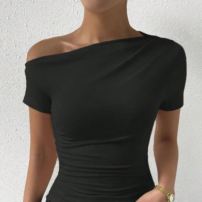 Solid One Shoulder T-Shirt - Elegant Short Sleeve Ruched Top for Women's Spring and Summer Fashion
