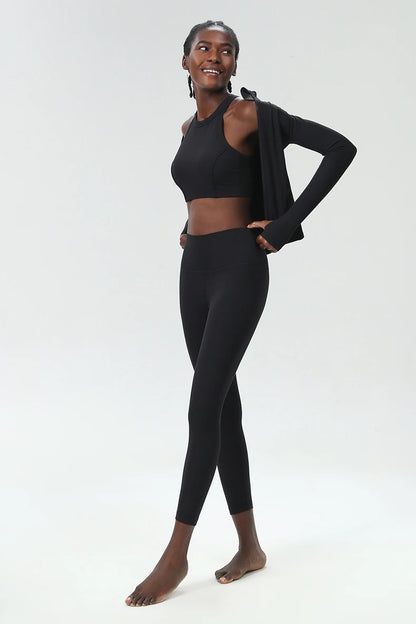 3PCS Women’s Fitness Yoga Set – Solid Color Ribbed Long Sleeve Top & High Waist Leggings, Breathable Workout Sportswear