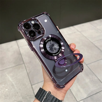 Luxury Plated Shockproof Magnetic Bracket for MagSafe – Clear Case with Stand Holder for iPhone 15, 16, 14, 13, 12, 11 Pro Max