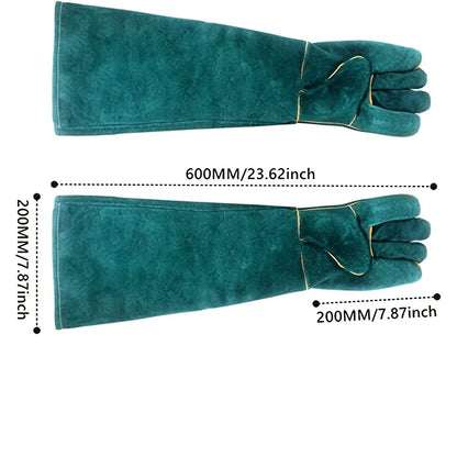 Ultra-Long Leather Anti-Bite Safety Gloves for Pet Handling - Green Protective Gloves for Dog, Cat, Reptile, and Animal Handling