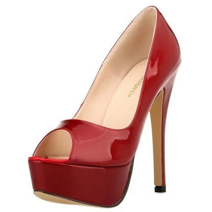 Women’s Sexy Platform Peep Toe Pumps – 14cm Stiletto Patent Leather High Heels for Party & Wedding
