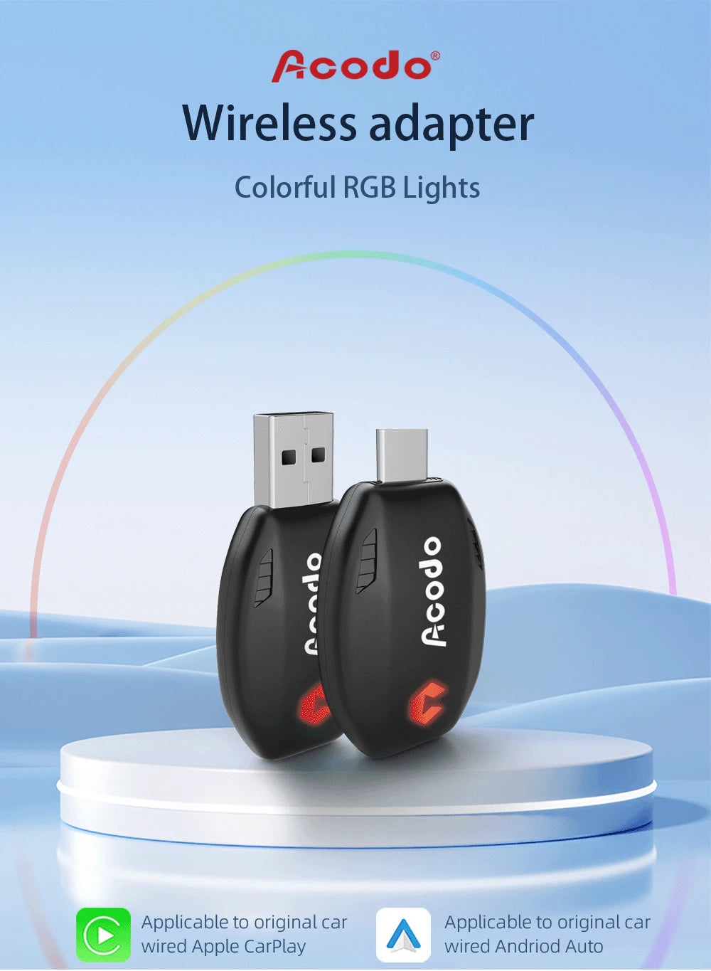 Acodo Wired to Wireless CarPlay Dongle – Android Auto Adapter, Fast WiFi, USB Type-C Plug & Play