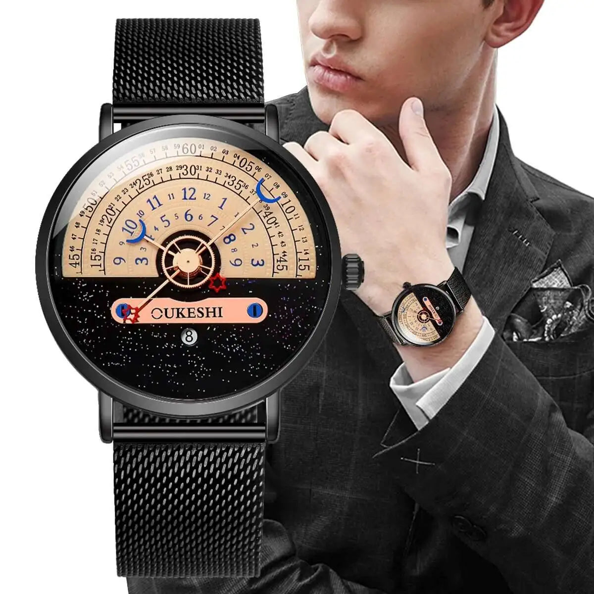 Men’s Fashion Mesh Band Quartz Watch — Business Wristwatch with Calendar Reloj Hombre