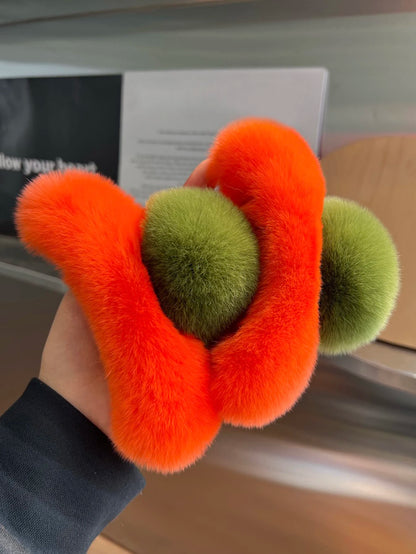 Winter Fuzzy Hair Claw for Women – Warm Fluffy Natural Rex Rabbit Fur Hair Clip, Elegant Fashion Party Accessory