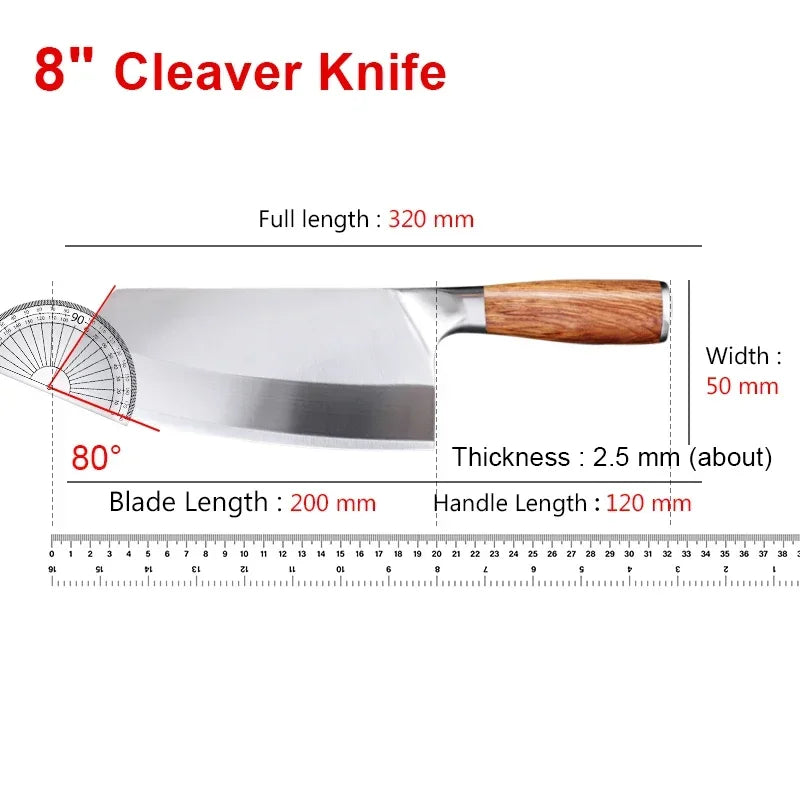 Stainless Steel Cleaver Kitchen Knife – Wooden Handle Utility Knife for Slicing Fish, Vegetables & Meat