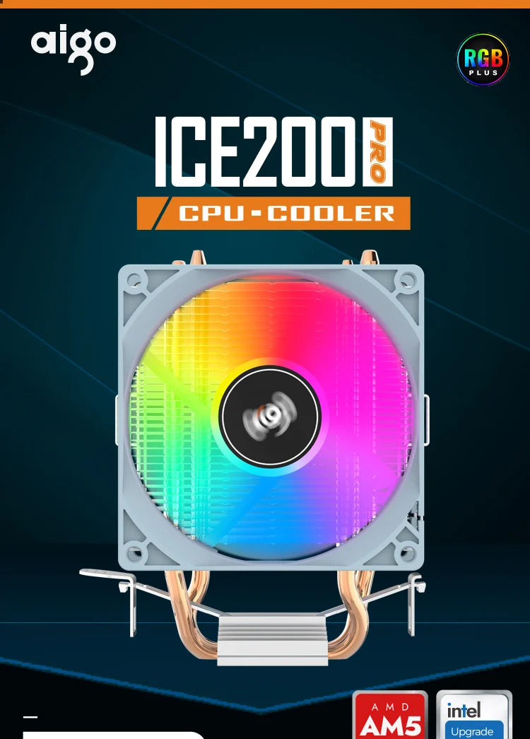 Aigo ICE200PRO CPU Air Cooler — 2 Heatpipe Radiator with 3-Pin PWM Quiet Fan for Intel LGA 115X/1200/1700 & AMD AM4/AM5