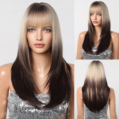 ALAN EATON Blonde Layered Synthetic Wig with Bangs – Long Straight Heat-Resistant Wig for Women & Girls, Natural Daily Hair