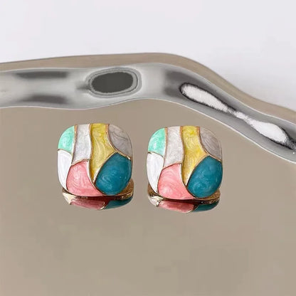 Colorful Square Patchwork Stud Earrings – Romantic Ear Jewelry for Women Christmas Gift