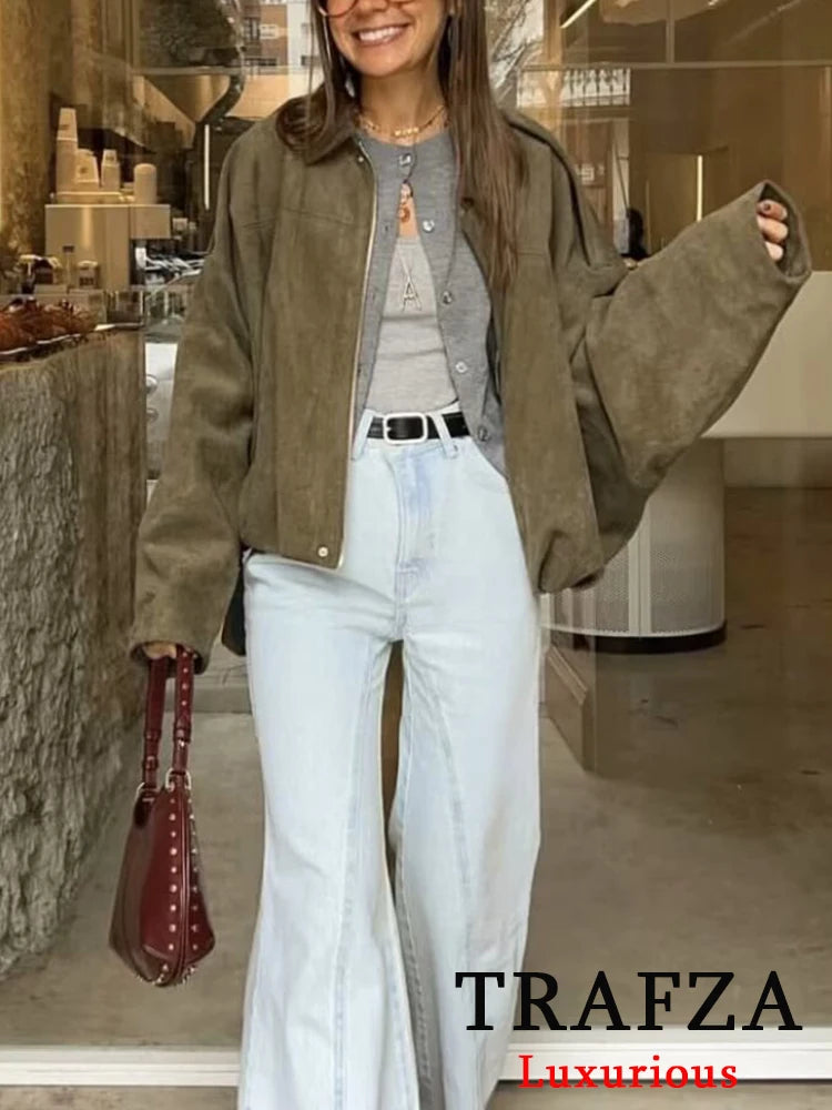 TRAFZA Women’s Casual Bomber Jacket — Oversized Lantern Sleeve Spring/Summer Coat, 2025 Streetwear Zipper Outerwear