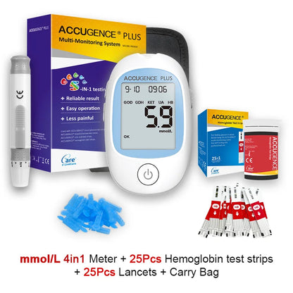 4-in-1 Multifunction Blood Monitor – Hemoglobin, Glucose, Ketone, Uric Acid Test for Diabetes, Anemia, Gout