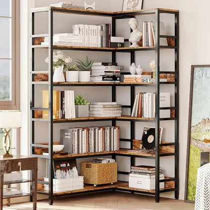 6 Tier Industrial Corner Bookshelves with Baffles - Metal Frame Shelf Storage Rack for Living Room & Home Office