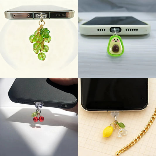 Fruit Phone Dust Plug Set - Cute Lemon, Grape, Cherry & Avocado Charging Port Protector Pendant for Girls