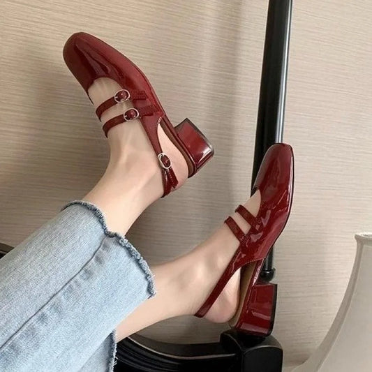 2025 Women’s Burgundy Mary Jane Shoes – Square-Toe Patent Leather Chunky Heel with Double Buckle