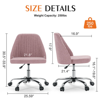 Armless Small Desk Chair – Cute Vanity Swivel Chair with Back, Fabric Upholstery & Wheels for Home & Gaming
