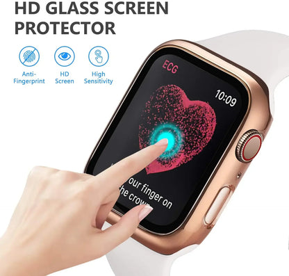 Apple Watch Tempered Glass Case - Full Cover PC Bumper Screen Protector for Series 9 8 7 6 SE 45mm 41mm 44mm 40mm