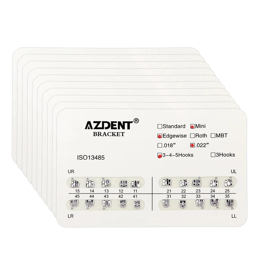AZDENT 10 Packs Dental Brackets – Orthodontic Metal Mini Standard Roth MBT Slot 0.022/0.018 with Hooks, 20 Pcs per Pack